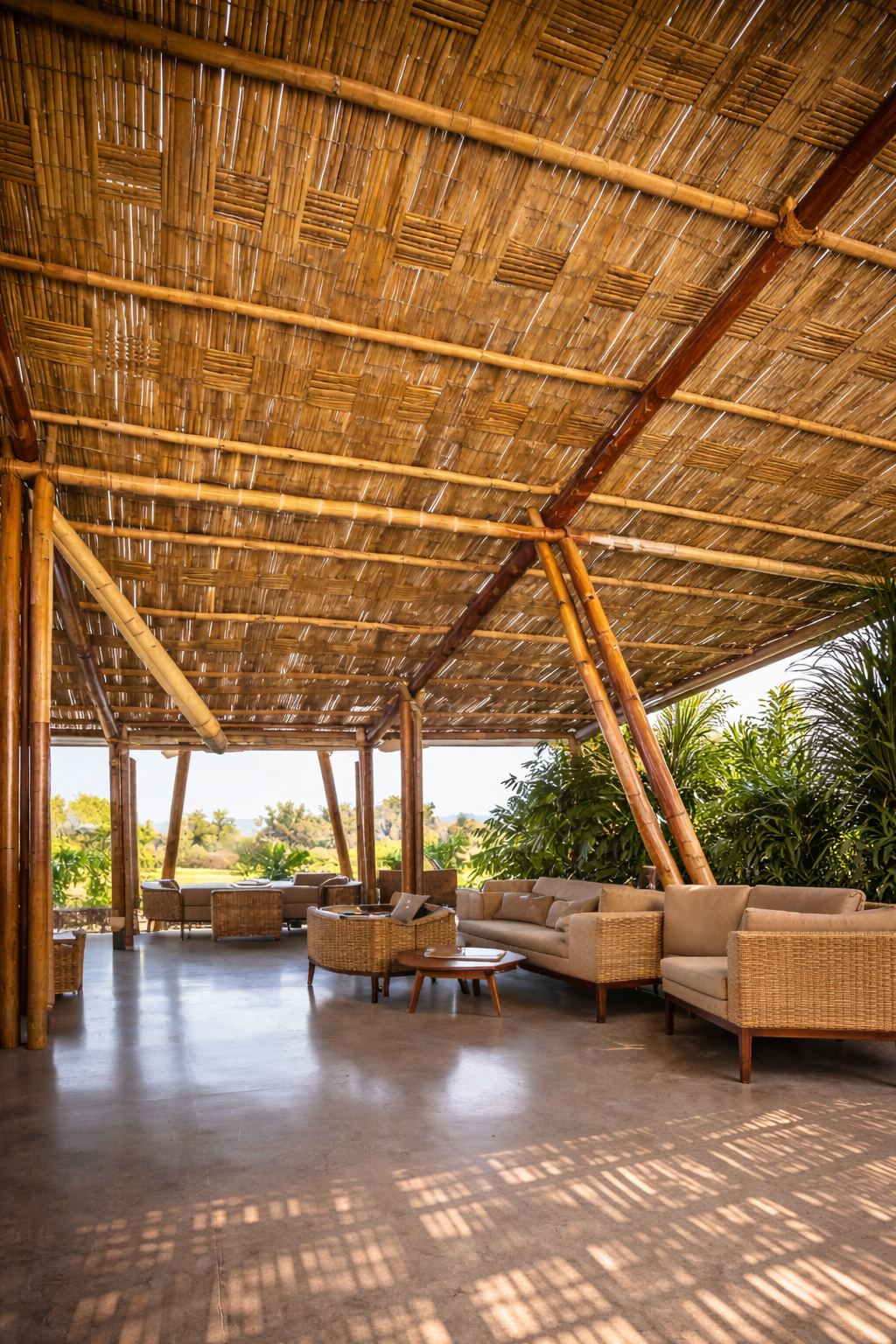 Terraza de hotel con pérgola de bambú